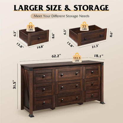 WLIVE Brown Dresser for Bedroom, 9 Drawer Wooden Chest of Drawers with SGS-Tested Anti-Tip Design, 62 Inch Wide Rustic Dresser TV Stand for Living Room, Hallway and Closet, Large Storage Cabinet