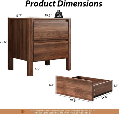 MAISONARIA Walnut Nightstands Set of 2, Mid Century Modern Bedside Table with Hidden Handles and Wood Legs, Wooden End Table with 2 Drawers for Bedroom