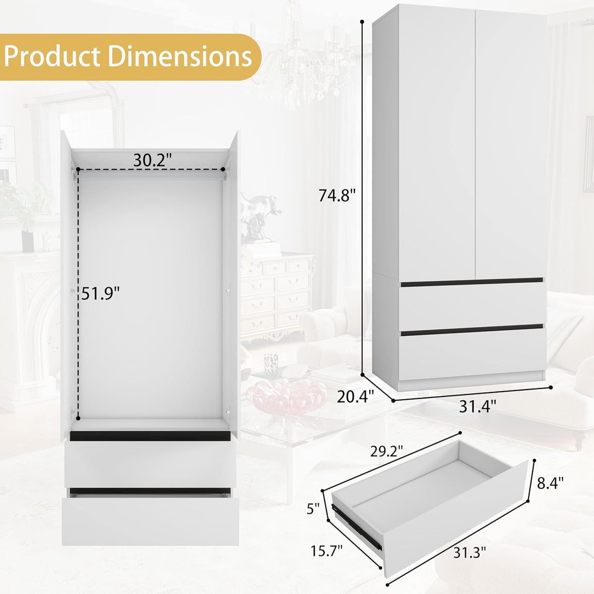 White Armoire Wardrobe Closet with 2 Drawers: 75" H x 31.5" W