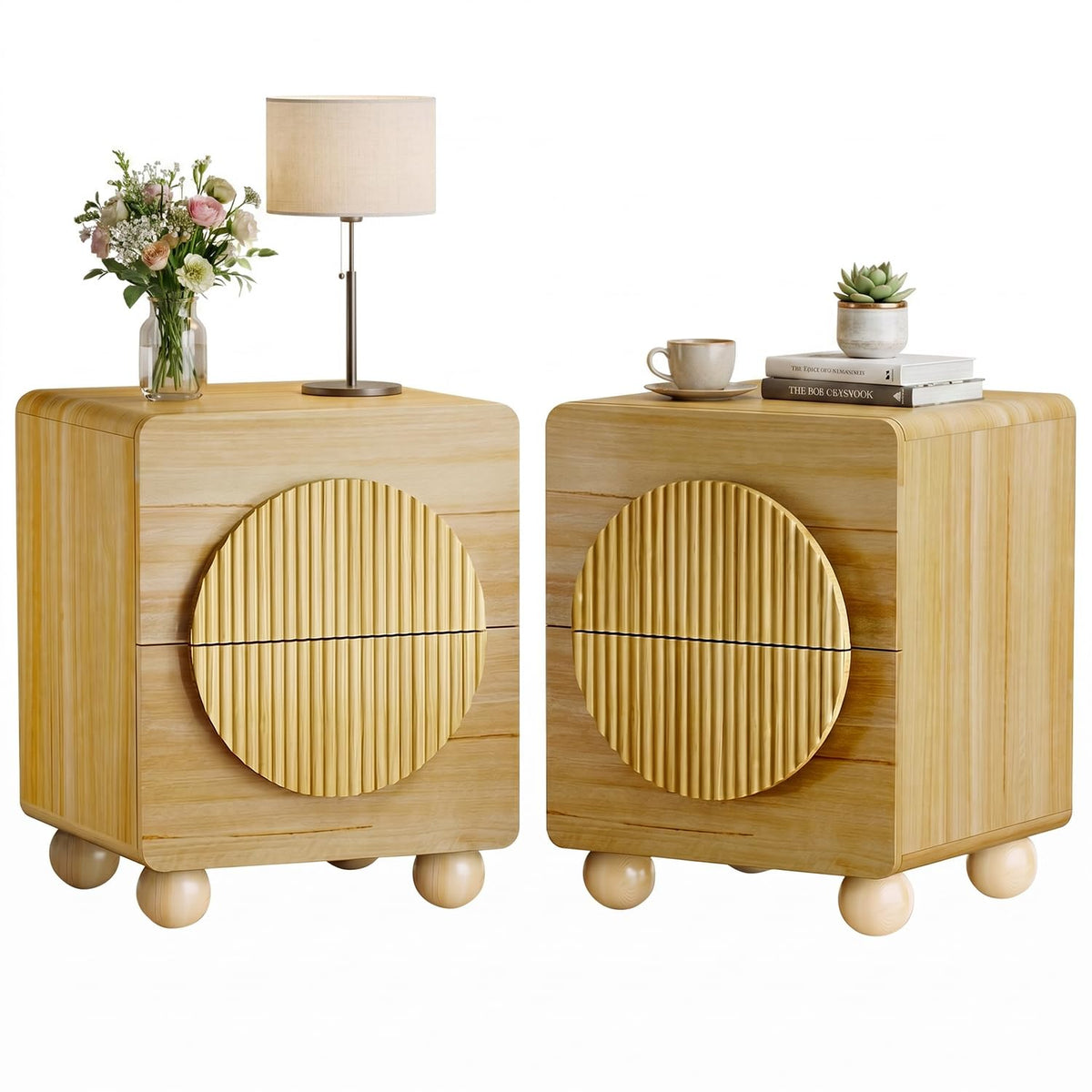 Fluted Nightstands Set of 2, 23.7'' Wide Night Stand with 3 Drawers, Mid-Century Modern Bedside Table with Handles, Wood End Table for Bedroom, Walnut