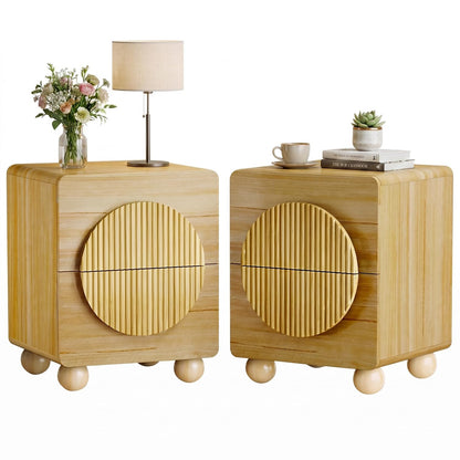 Fluted Nightstands Set of 2, 23.7'' Wide Night Stand with 3 Drawers, Mid-Century Modern Bedside Table with Handles, Wood End Table for Bedroom, Walnut