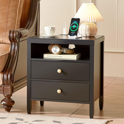 Huuger Black Nightstand Set of 2, Night Stand with Charger Station