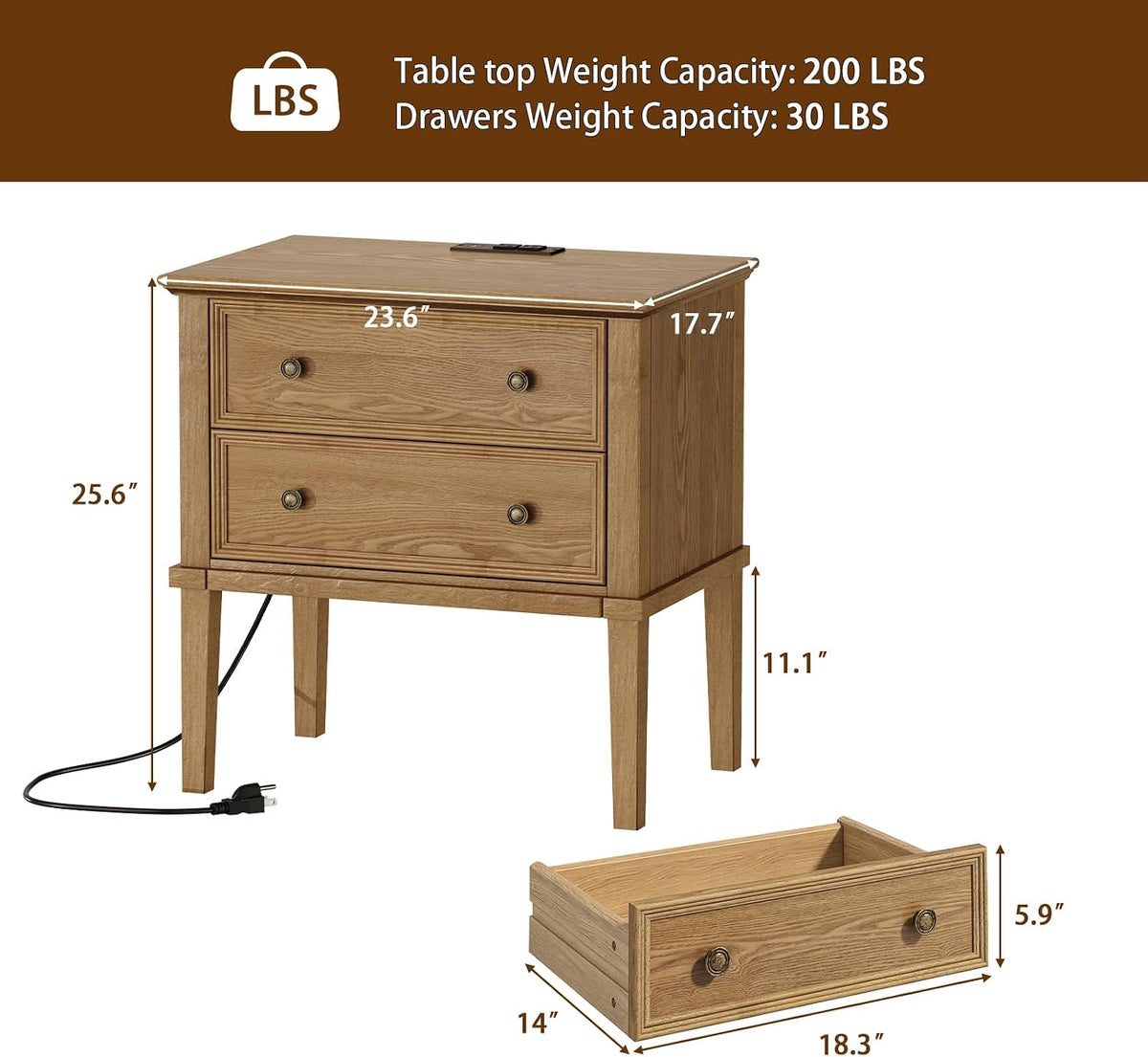 IKENO Solid Wood Nightstand with Charging Station, Farmhouse End Table with 2 Solid Wood Drawers, Farmhouse Style Side Table, Suitable for Bedroom, Teak