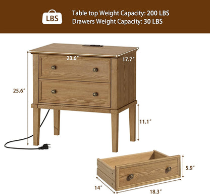 IKENO Solid Wood Nightstand with Charging Station, Farmhouse End Table with 2 Solid Wood Drawers, Farmhouse Style Side Table, Suitable for Bedroom, Teak