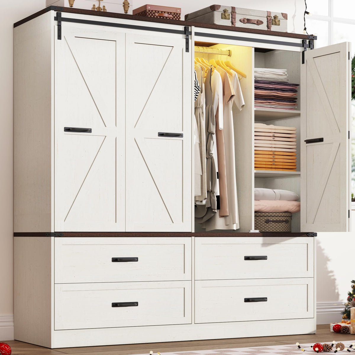 Farmhouse 3 Doors Armoire Wardrobe Closet w/Folding Sliding Barn Door and Lights, LED Armoire Closet w/Drawers for Bedroom, Freestanding Wooden Wardrobe Storage Closets w/Hanging Rod,Antique White