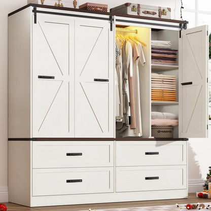 Farmhouse 3 Doors Armoire Wardrobe Closet w/Folding Sliding Barn Door and Lights, LED Armoire Closet w/Drawers for Bedroom, Freestanding Wooden Wardrobe Storage Closets w/Hanging Rod,Antique White