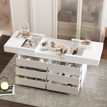 Armoire Bedroom Island Wardrobe Closet Island with 16 Drawers & Glass Tabletop, Island Dresser with Jewelry Organizer, Closet Island for Cloakroom White (63”W x 31.5”D x 31.5”H)