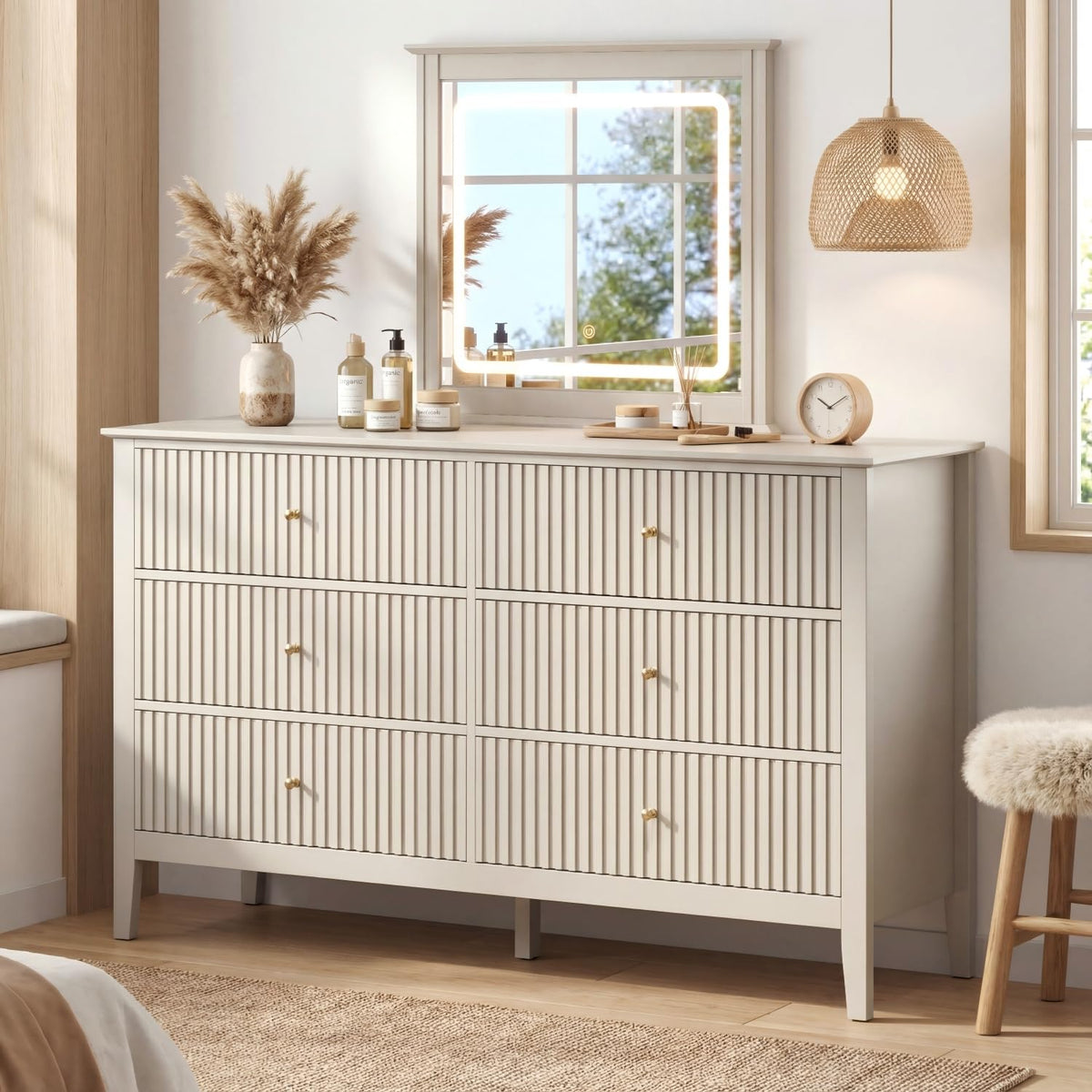 RoyalCraft 6 Drawer Dresser, Fluted Modern Wood Chest of Drawers, Long Dresser for Bedroom TV Stand Storage Cabinet for Living Room, Blue