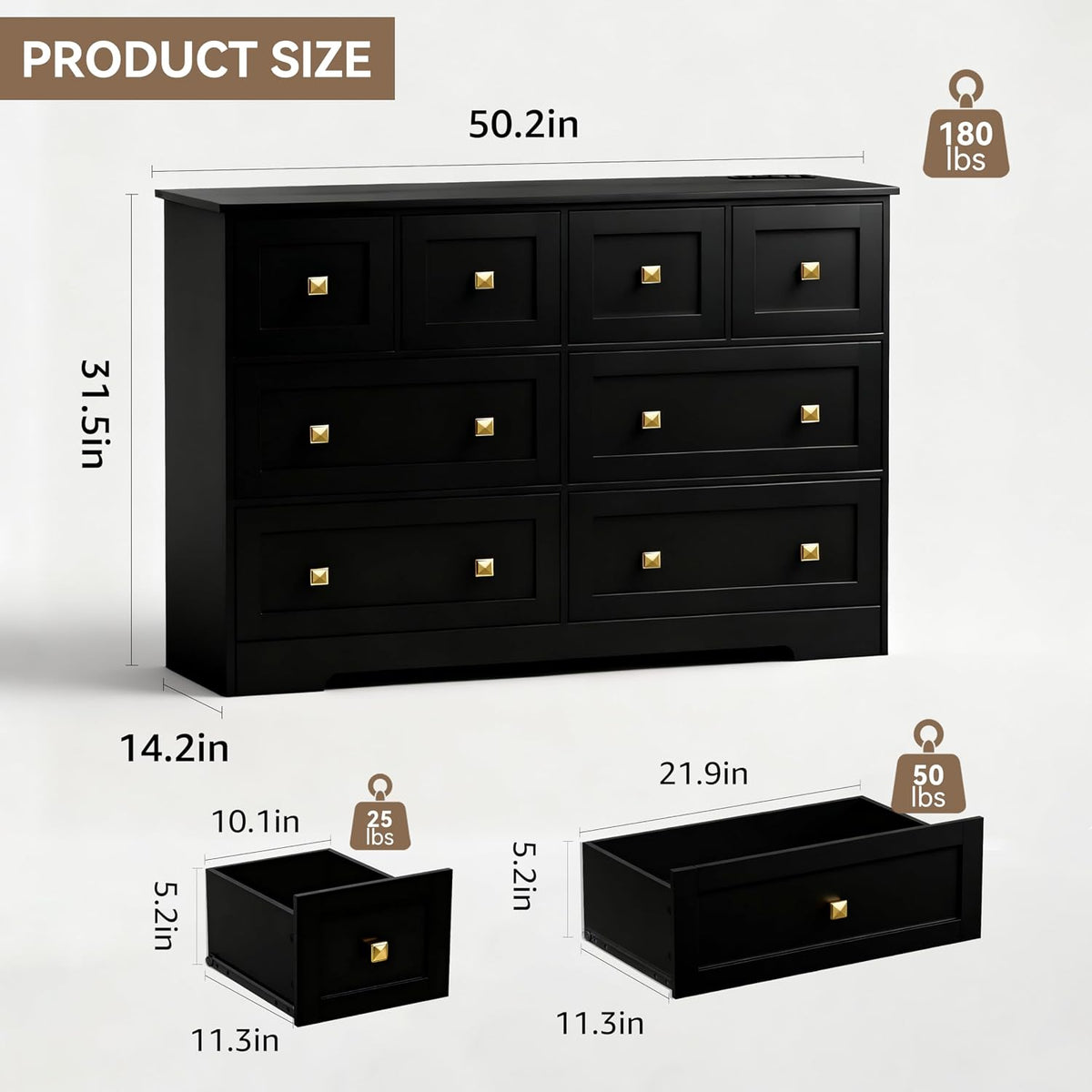 Black Dresser for Bedroom with Power Outlets Wide Wooden Dresser with 8 Drawer and Metal Handle Large Clothing Storage for Bedroom