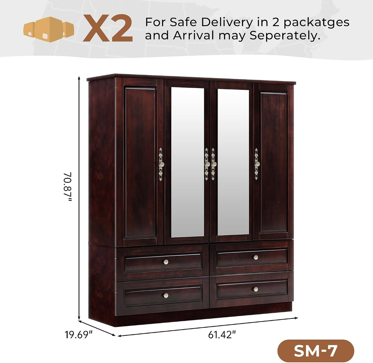 Solid Wood Armoire Wardrobe, Black Brown with Mirrors & Drawers