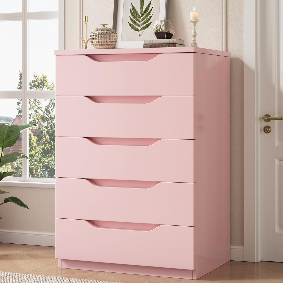 Jocoevol Brown 5 Drawer Dresser for Bedroom, Modern Tall Chest of Drawers