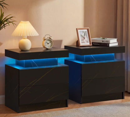 i-aplus Black Modern LED Nightstand Set of 2 with 2 Wood Drawer for Bedroom