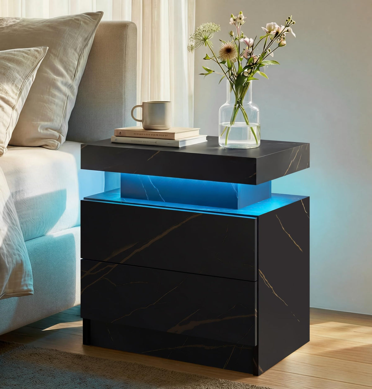 i-aplus Black Modern LED Nightstand Set of 2 with 2 Wood Drawer for Bedroom