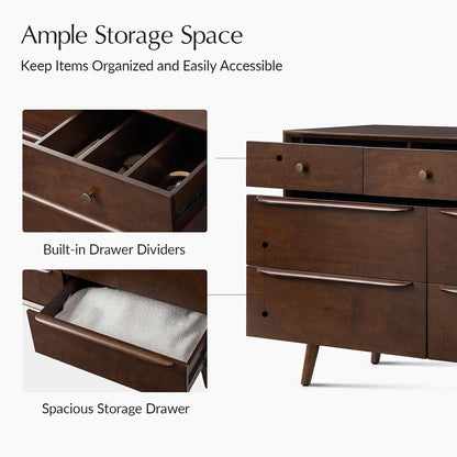 HULALA HOME 7 Drawer Dresser for Bedroom, 52" Wide Mid-Century Modern Chest of Drawers with Built-in Drawer Dividers, Wooden Bedroom Drawer Dresser, Solid Wood Legs with Adjustable Feet(Walnut)