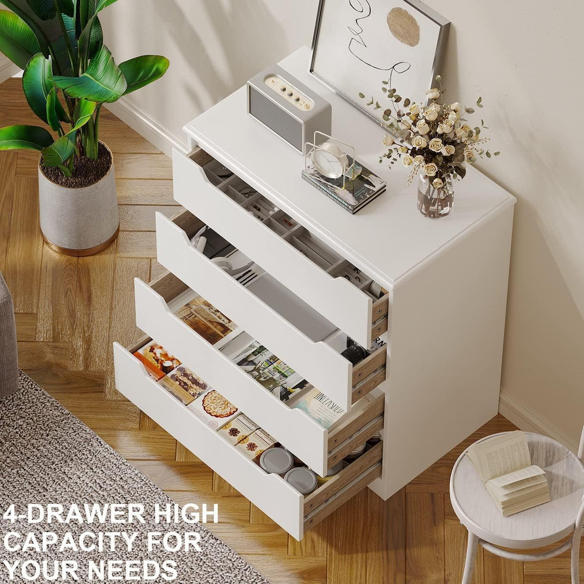 Gizoon 4 Drawer Dresser for Bedroom, Sturdy White Chest of Drawers, White