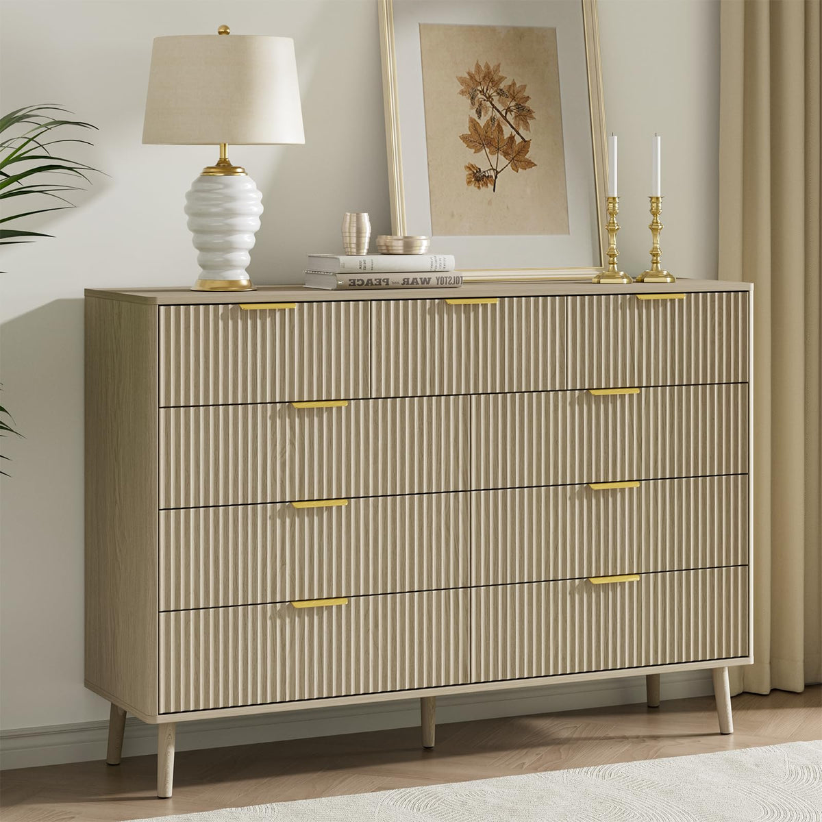 LYNSOM 55" Wide Fluted Dresser for Bedroom with 6 Drawer, Modern Chest of Drawers with Curved Profile Design and Metal Handles, Wood Dresser TV Stand & Storage Organizer for Living Room, Walnut