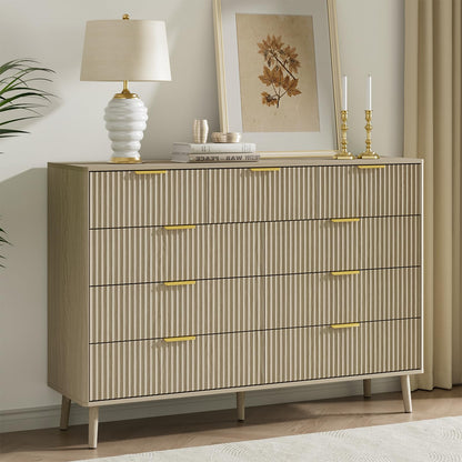 LYNSOM 55" Wide Fluted Dresser for Bedroom with 6 Drawer, Modern Chest of Drawers with Curved Profile Design and Metal Handles, Wood Dresser TV Stand & Storage Organizer for Living Room, Walnut