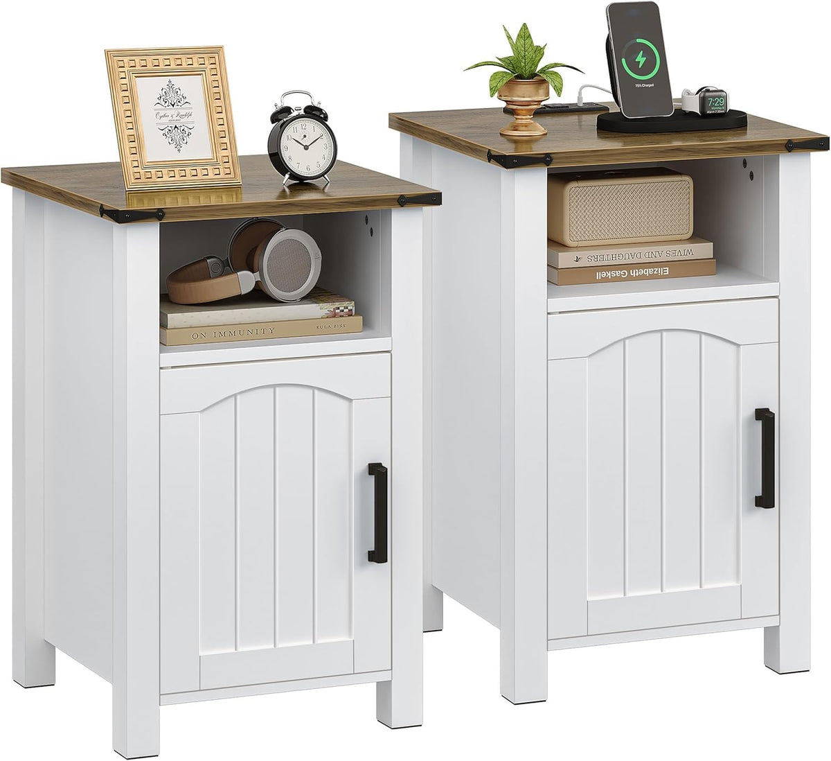 Decofy Farmhouse Nightstand with Charging Station, Set of 2,Walnut