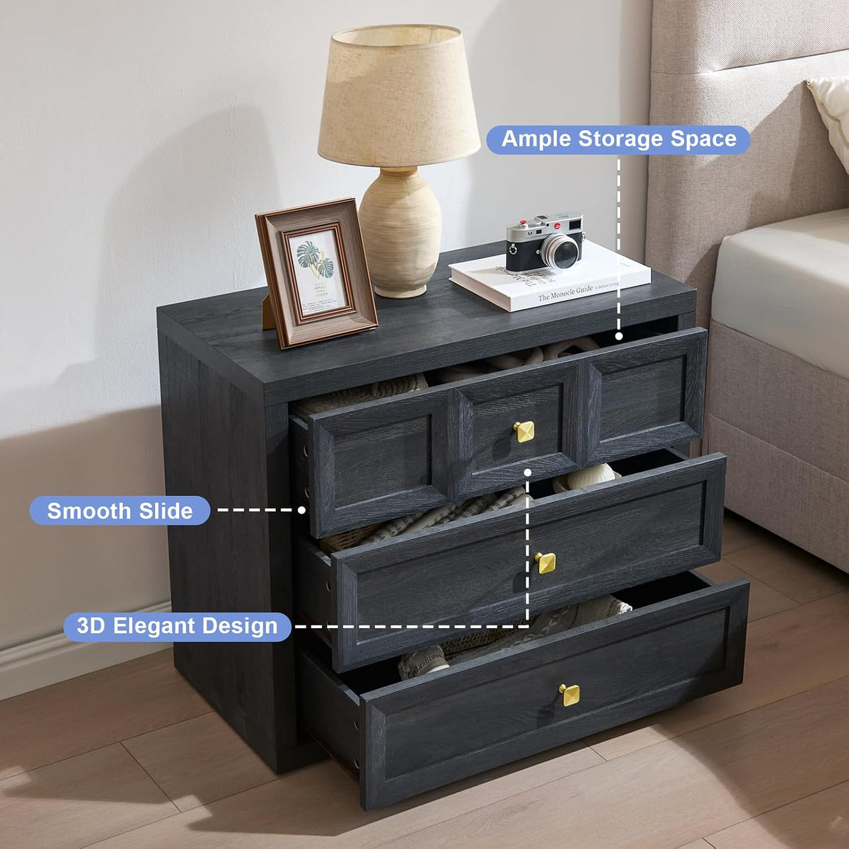 Night Stand Large W/Charging Station, 30.7" W Oversized Nightstands Tall Bedside Table with 3 Drawers, Accent End Table W/Large Storage, Modern Wood End Table for Bedroom, Office