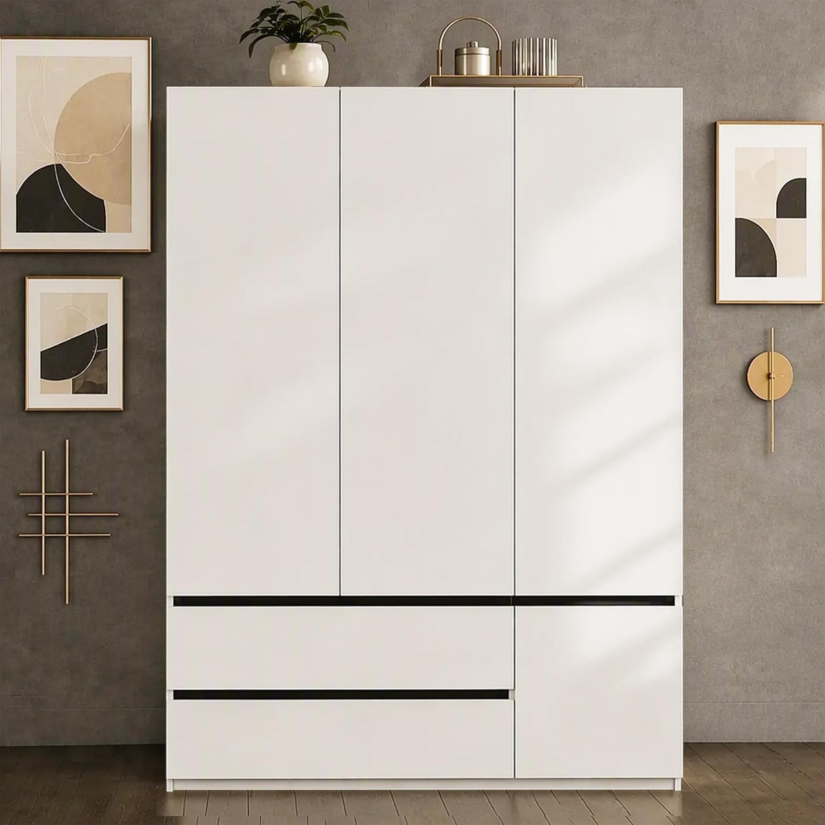 47" Modern 3 Door Wardrobe Closet with 2 Drawers & Hanging Rod, White+Black