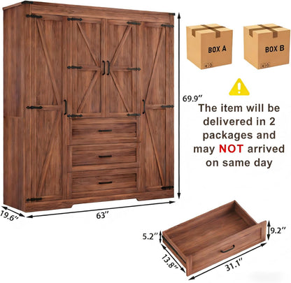 70" Tall Armoire Wardrobe Closet with 4 Doors & 3 Drawers, Farmhouse Bedroom Storage Cabinet with Hanging Rod, Freestanding Wooden Armoire Wardrobe Closet, Brown