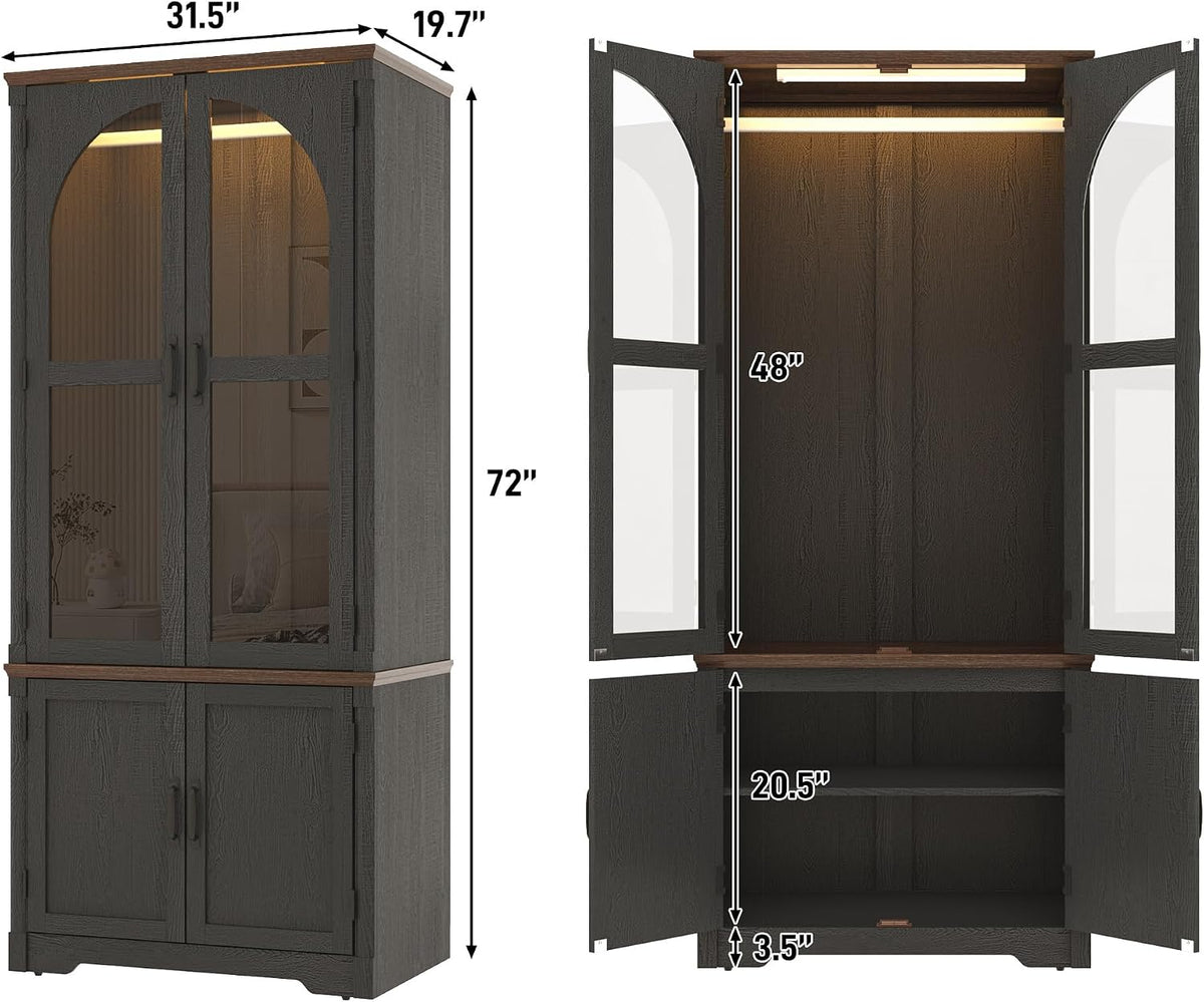Tall Farmhouse 2 Doors Armoire Wardrobe Closet with LED ,72" Freestanding Arched Wardrobe Closet Cabinet for Bedroom w Glass Doors,Wooden Clothing Storage Cabinet,Closets for Bedroom(Black)