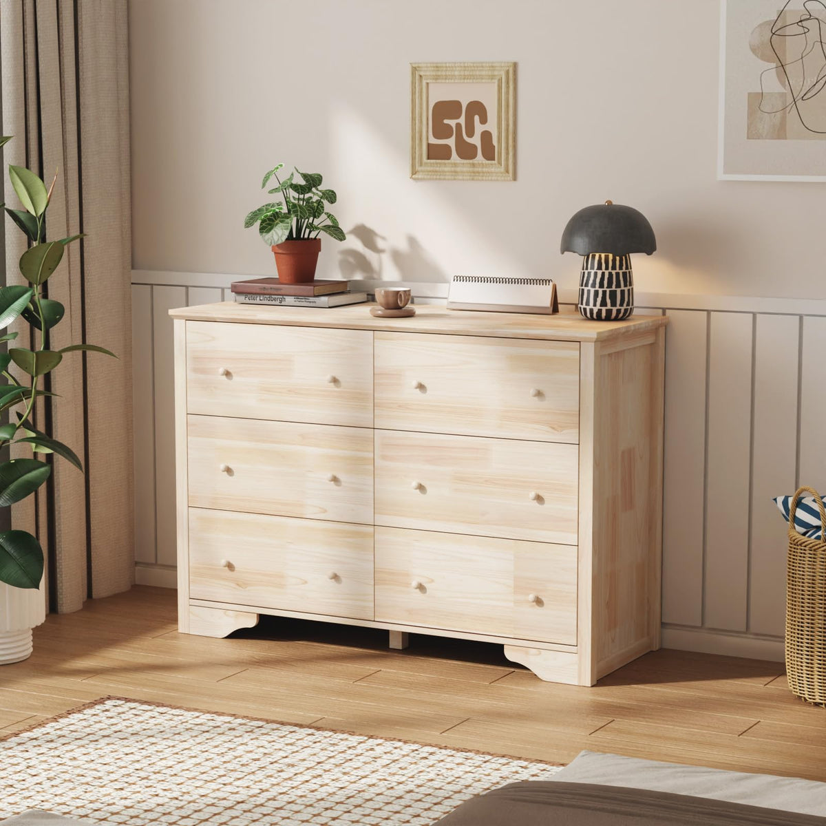 VINGLI Unfinished 6 Drawer Dresser, Natural Solid Wood Dresser Color DIY, Upgraged Rustic Farmhouse Tall Dresser with Spacious Storage Chests of Drawers with Full Extension Drawer Slides
