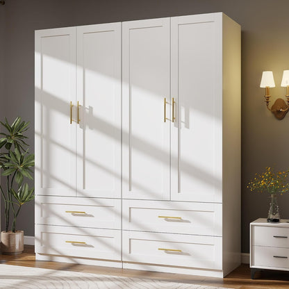 White Wardrobe Closet with 4 Drawers and 4 Doors, 75" H x 63" W