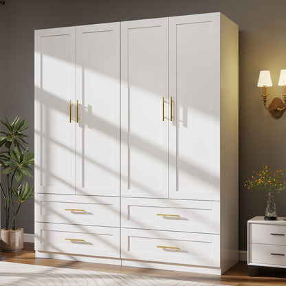 White Wardrobe Closet with 4 Drawers and 4 Doors, 75" H x 63" W