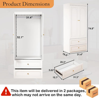 White Wooden Wardrobe Closet with 2 Doors, 75" Tall x 32" Wide