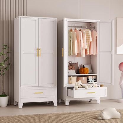 Metal Armoire Wardrobe Closet Storage Cabinet with Mirror White, 71'' Wardrobe Cabinet with Hanging Rod Metal Closet with Adjustable Shelf and Drawer for Bedroom, Laundry Room, Cloak Room