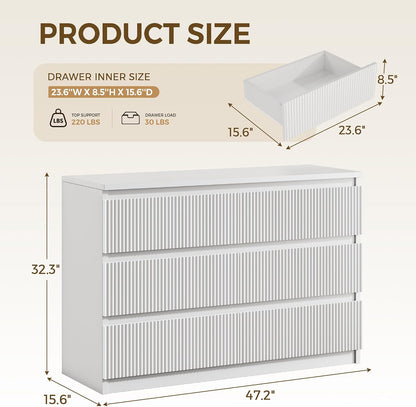 Jocoevol 6 Drawer Fluted Dresser, Modern Chest of Drawers for Bedroom with Hidden Handles, Wood Storage Organizer Cabinet for Living Room & Entryway, White (15.7" D x 47.3" W x 31.6" H)