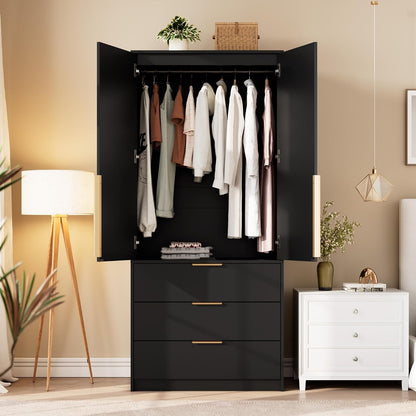 GarveeHome 70" Wardrobe Armoire Wooden Closet with 3 Drawers, Black