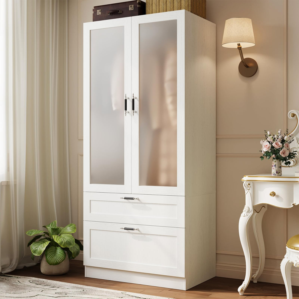 MEISSALIVVE 6 Door Armoire Wardrobe Closet with Frosted Glass Door, 70.9''H Clothing Storage Cabinet with Hanging Rod & 2 Drawers, Adjustable Shelves, Clothes Wardrobe Armoire for Bedroom, Wood Grain