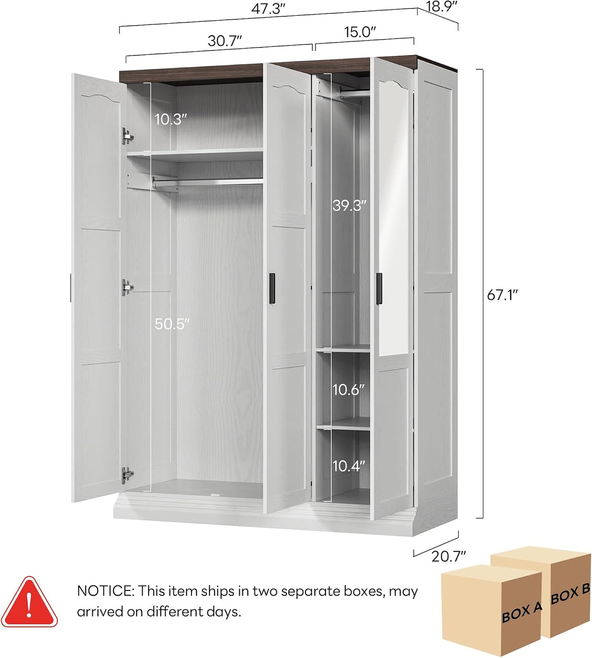 ANCTOR 3-Door Armoire Wardrobe Closet with Mirror and 2 Hanging Rods