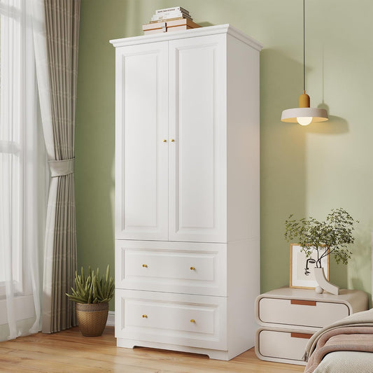 White Armoire Wardrobe Closet with 2 Drawers, 74" Tall x 32" Wide