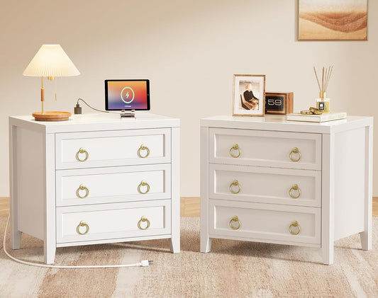 Huuger Paint Night Stand with Charger Station, 3 Drawer Nightstand Set of 2