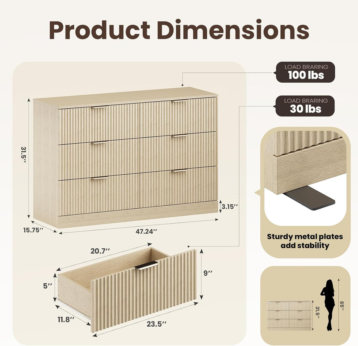 MALOL Modern Fluted 6 Drawer Dresser, Wide Wooden Storage Cabinet with Metal Handles, Silent Glide Drawers, Anti-Tip Chest for Bedroom, Living Room, Natural Wood, 47 Inch