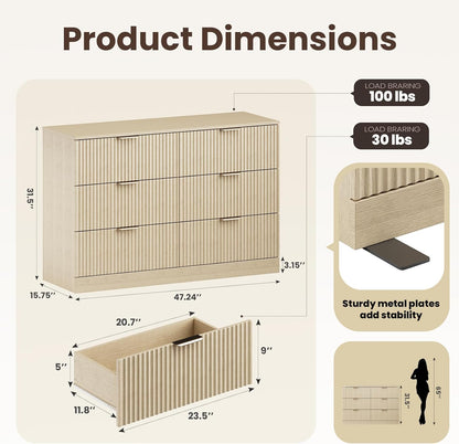 MALOL Modern Fluted 6 Drawer Dresser, Wide Wooden Storage Cabinet with Metal Handles, Silent Glide Drawers, Anti-Tip Chest for Bedroom, Living Room, Natural Wood, 47 Inch