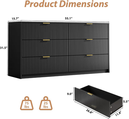 MAISONARIA 55" Wide Fluted 6-Drawer Double Dresser for Bedroom, Black