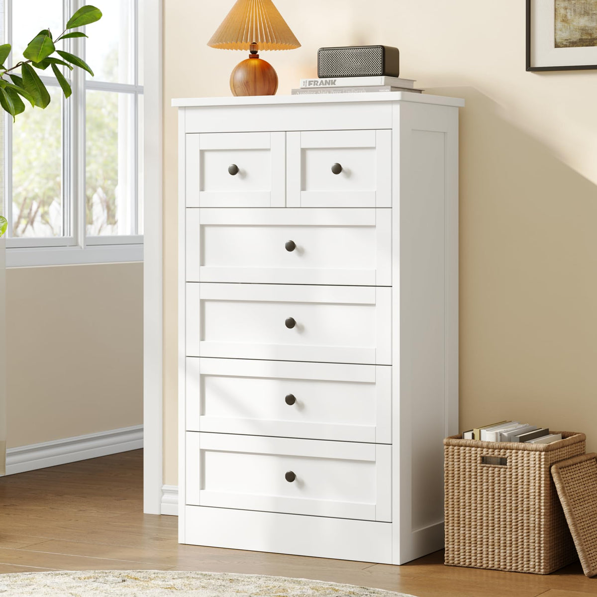 wanan Tall 6 Drawer Dresser for Bedroom, White Modern 43.3'' Tall Wood Chest of Drawers, Storage Organizer with Smooth Metal Rails & Anti-Tip Kit for Closet, Hallway, Living Room