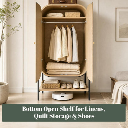 Arched Armoire Wardrobe Closet, Modern Wood Bedroom Clothing Storage Cabinet with Fluted Doors, 66" Tall Standing Closet with Hanging Rod, Natural