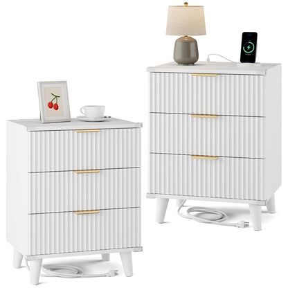Night Stand Set 2, Fluted Wood Nightstands w/Charging Station for Bedroom