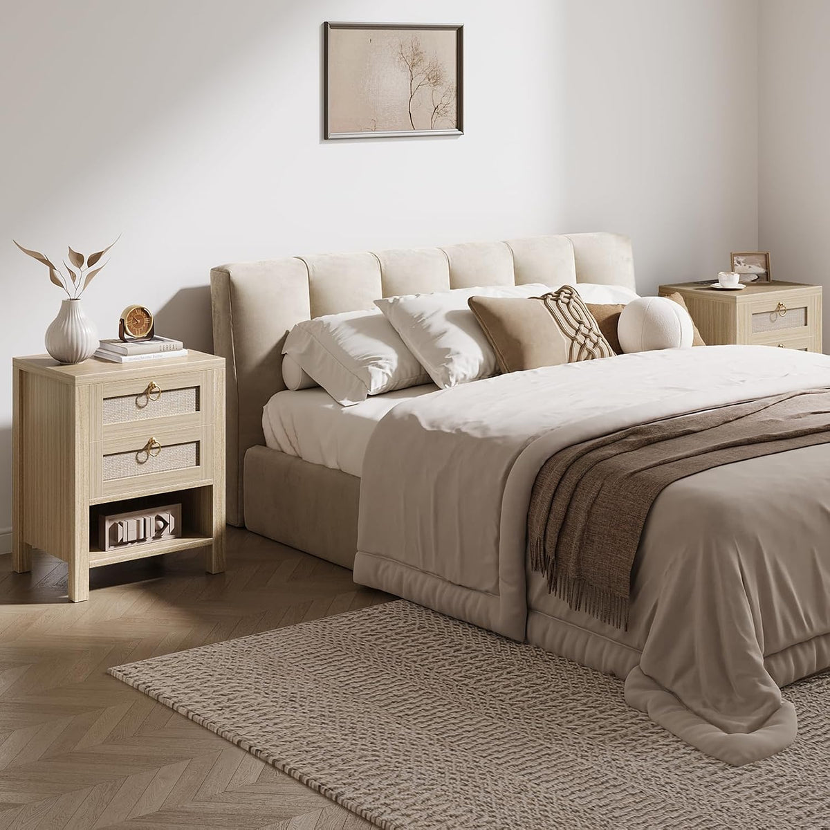 Rattan Nightstand with Charging Station - Boho Night Stand with 2 Drawers
