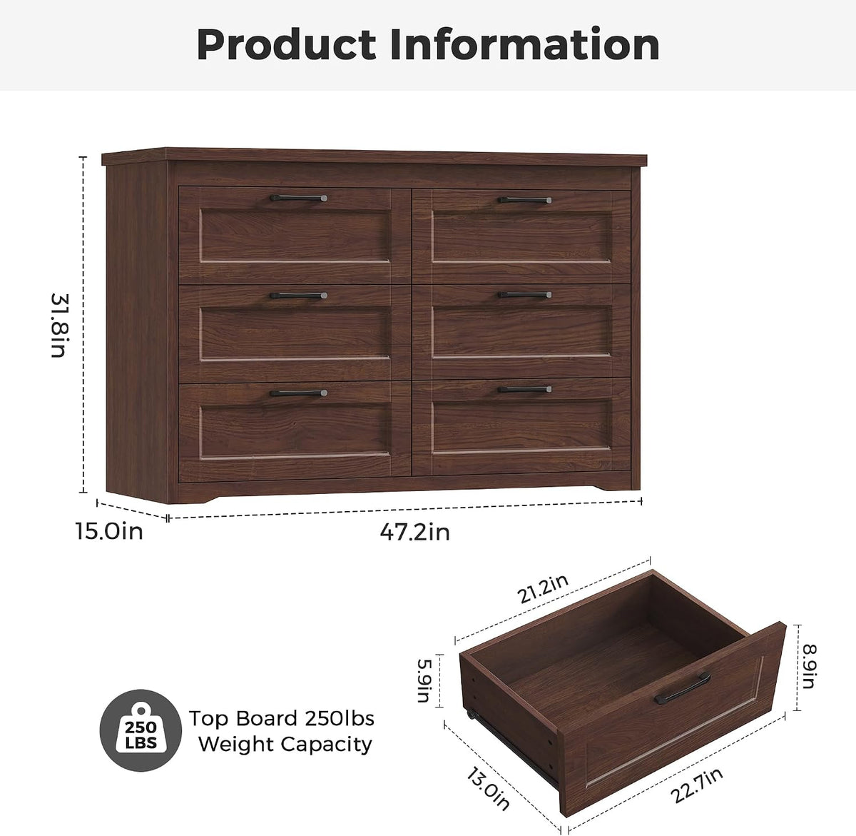 Jocoevol Brown 6 Drawer Dresser for Bedroom, 47.2" Modern Chest of Drawers