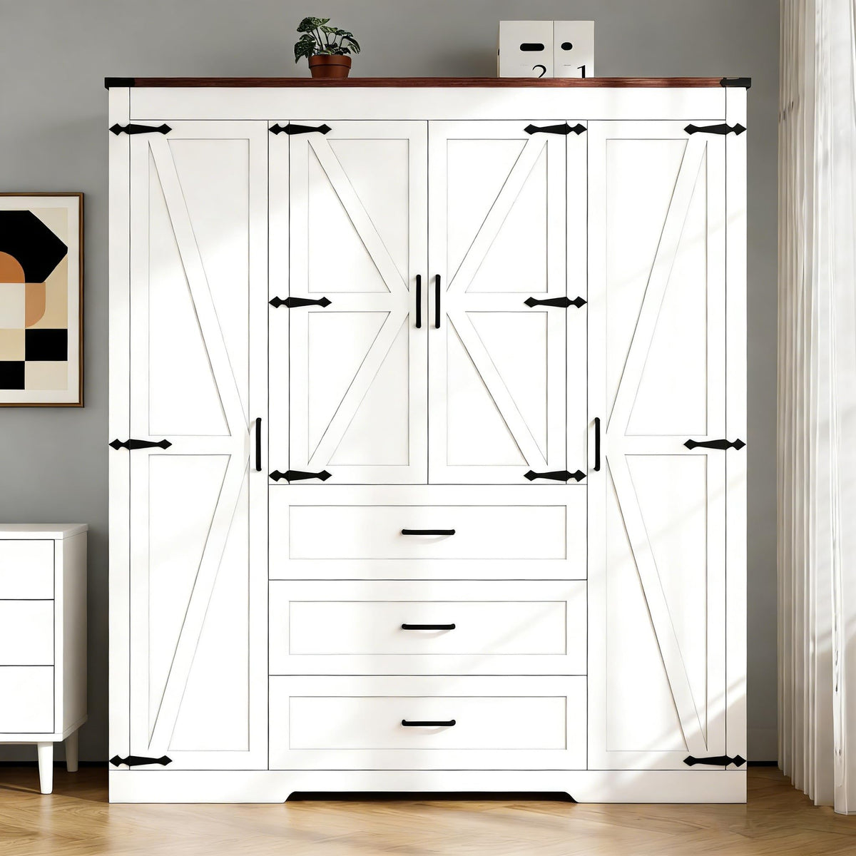 Farmhouse Wooden Armoire Storage Cabinet with Adjustable Shelves & Hanging Rod, 3 Doors Wardrobe Armoire Closet with Drawers, 70" Freestanding Clothing Storage Cabinet for Bedroom, Brown