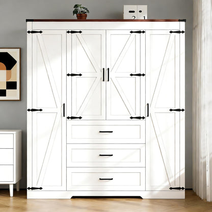 Farmhouse Wooden Armoire Storage Cabinet with Adjustable Shelves & Hanging Rod, 3 Doors Wardrobe Armoire Closet with Drawers, 70" Freestanding Clothing Storage Cabinet for Bedroom, Brown