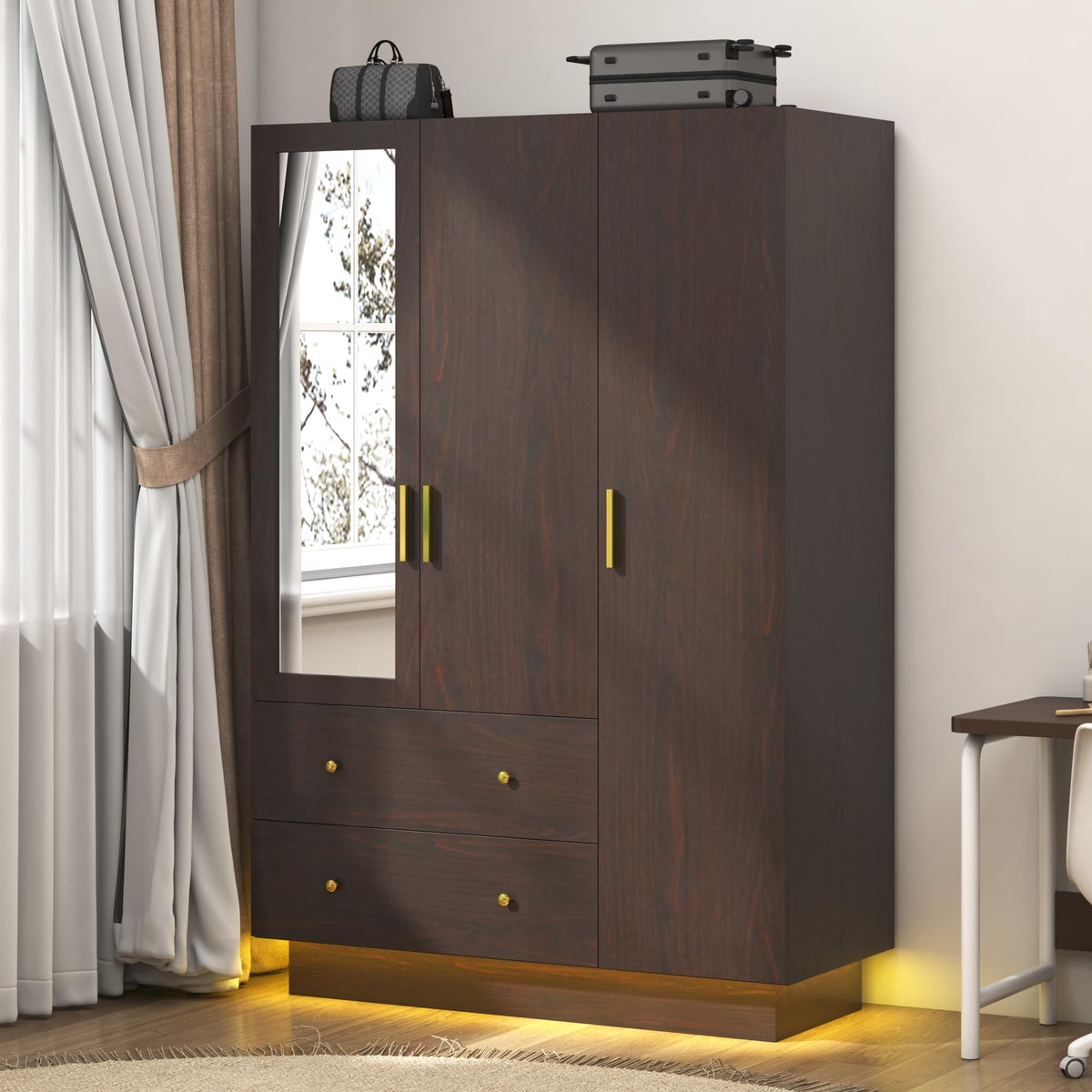 jiteentarou 3 Door Wardrobe Closet with Mirror and LED Lights, Bedroom Armoire with Drawers Shelves, Modern Wooden Armoire Wardrobe Closet with Hanging Rod for Bedroom, Black