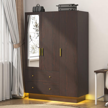 jiteentarou 3 Door Wardrobe Closet with Mirror and LED Lights, Bedroom Armoire with Drawers Shelves, Modern Wooden Armoire Wardrobe Closet with Hanging Rod for Bedroom, Black