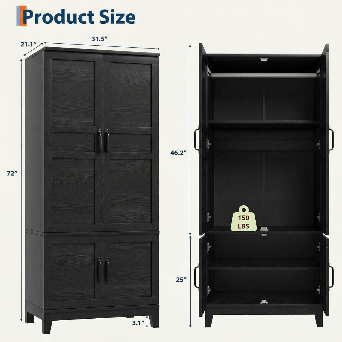 IDEALHOUSE Armoire Wardrobe Closet with 4 Doors, 72" Tall Wooden Clothing Wardrobe with Hanging Rod & DIY Adjustable Shelf, Heavy Duty Bedroom Armoire Storage Cabinet, Rustic Black